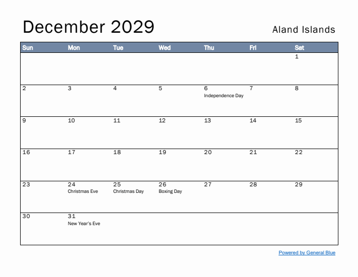 December 2029 Simple Monthly Calendar for Aland Islands