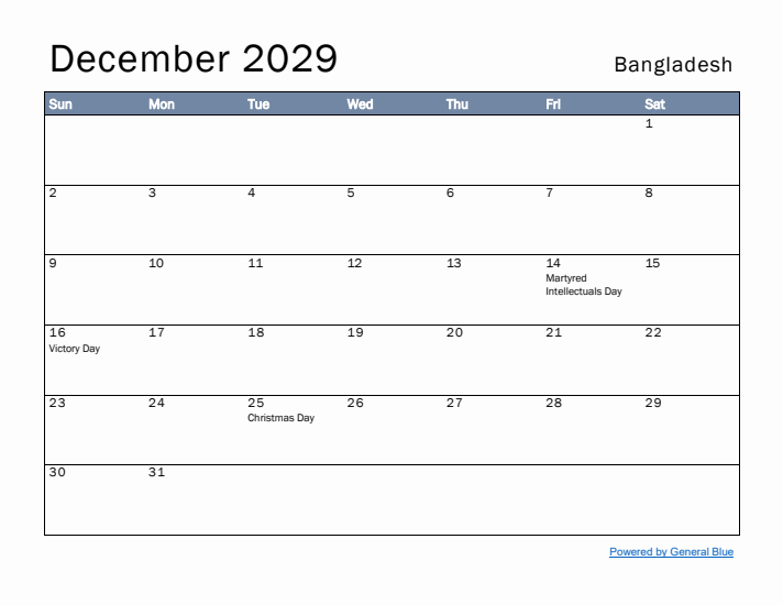 December 2029 Simple Monthly Calendar for Bangladesh