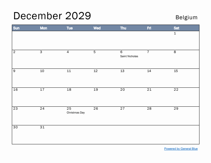 December 2029 Simple Monthly Calendar for Belgium