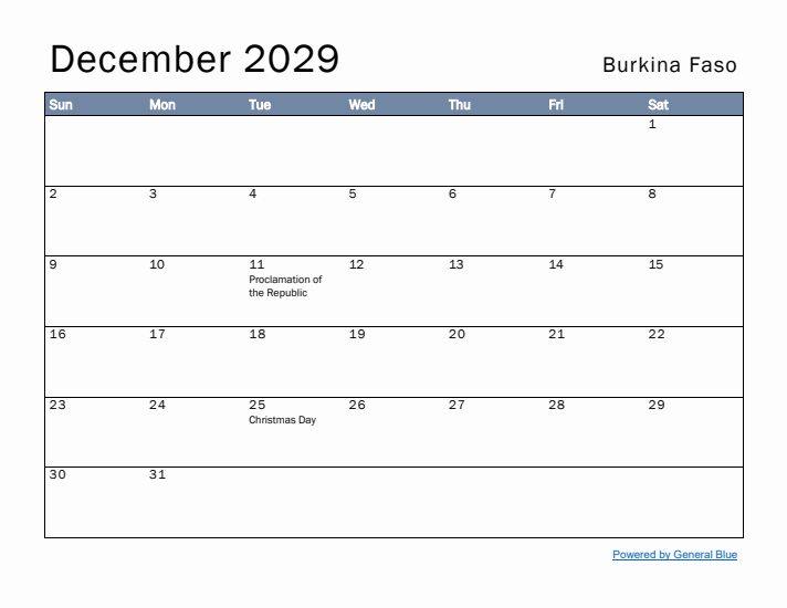 December 2029 Simple Monthly Calendar for Burkina Faso