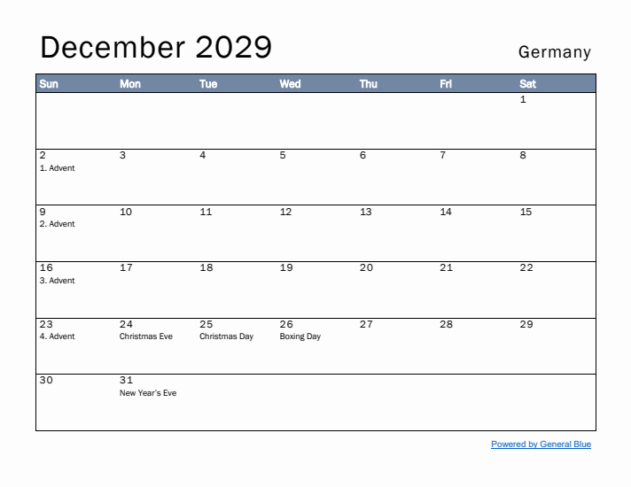 December 2029 Simple Monthly Calendar for Germany