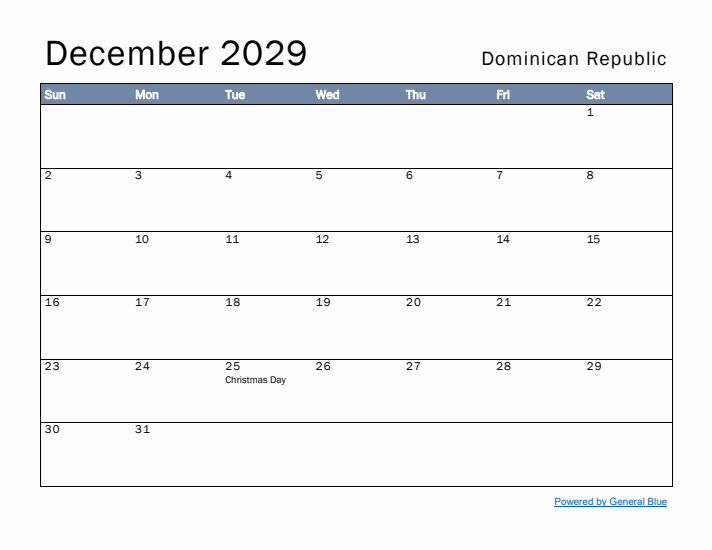 December 2029 Simple Monthly Calendar for Dominican Republic