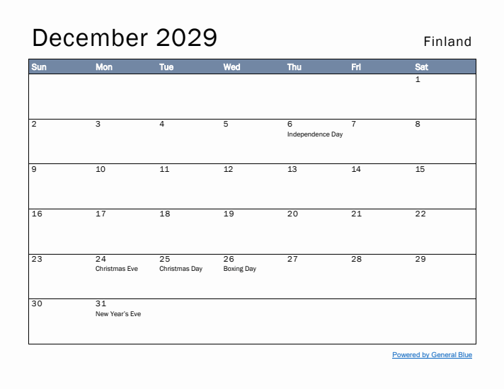 December 2029 Simple Monthly Calendar for Finland