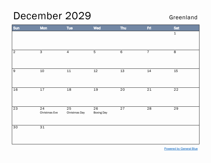 December 2029 Simple Monthly Calendar for Greenland