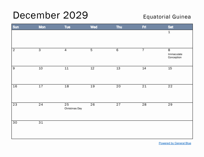 December 2029 Simple Monthly Calendar for Equatorial Guinea