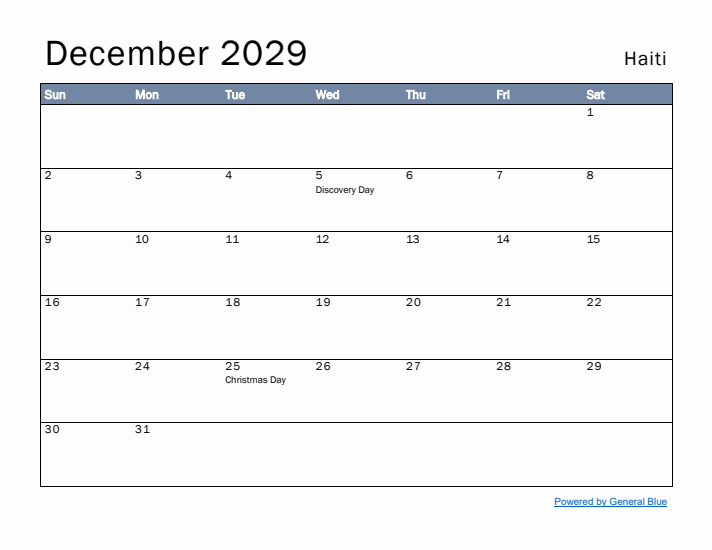 December 2029 Simple Monthly Calendar for Haiti