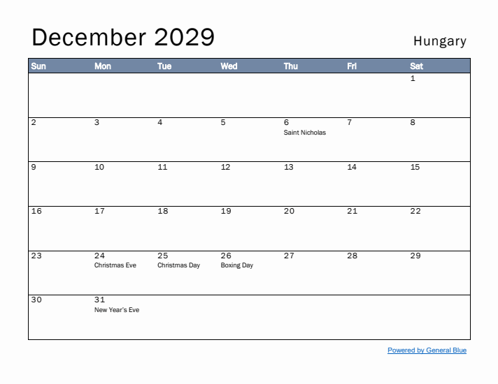 December 2029 Simple Monthly Calendar for Hungary