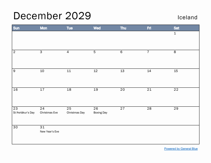 December 2029 Simple Monthly Calendar for Iceland