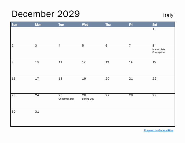 December 2029 Simple Monthly Calendar for Italy