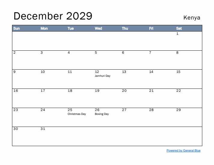 December 2029 Simple Monthly Calendar for Kenya