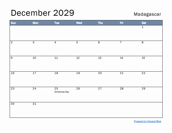 December 2029 Simple Monthly Calendar for Madagascar