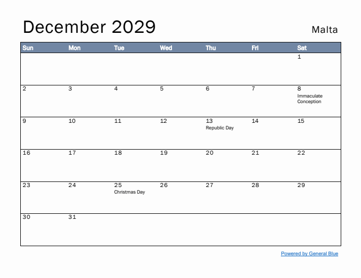 December 2029 Simple Monthly Calendar for Malta