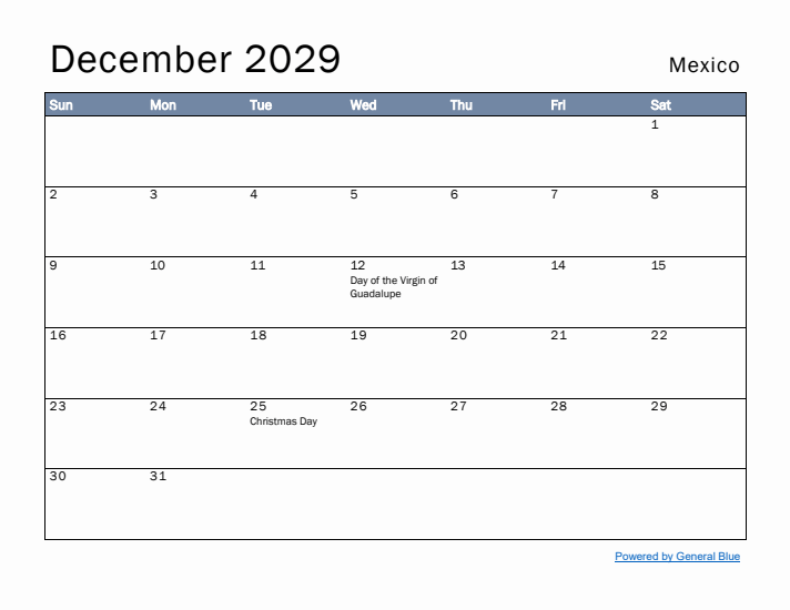 December 2029 Simple Monthly Calendar for Mexico