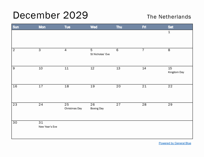 December 2029 Simple Monthly Calendar for The Netherlands