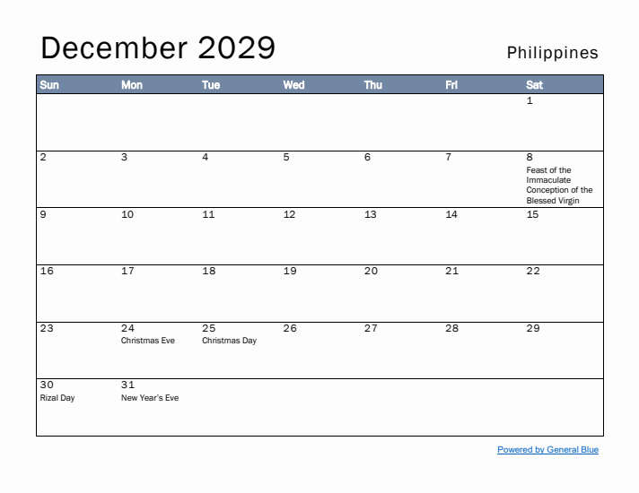 December 2029 Simple Monthly Calendar for Philippines