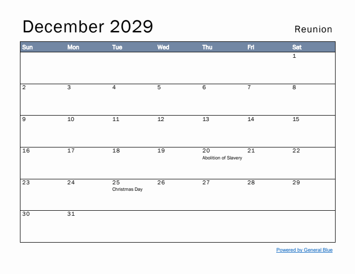 December 2029 Simple Monthly Calendar for Reunion