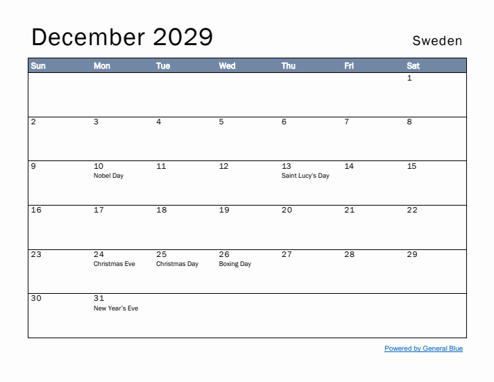 December 2029 Simple Monthly Calendar for Sweden