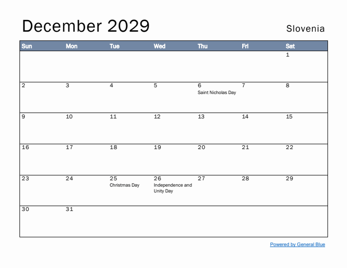 December 2029 Simple Monthly Calendar for Slovenia