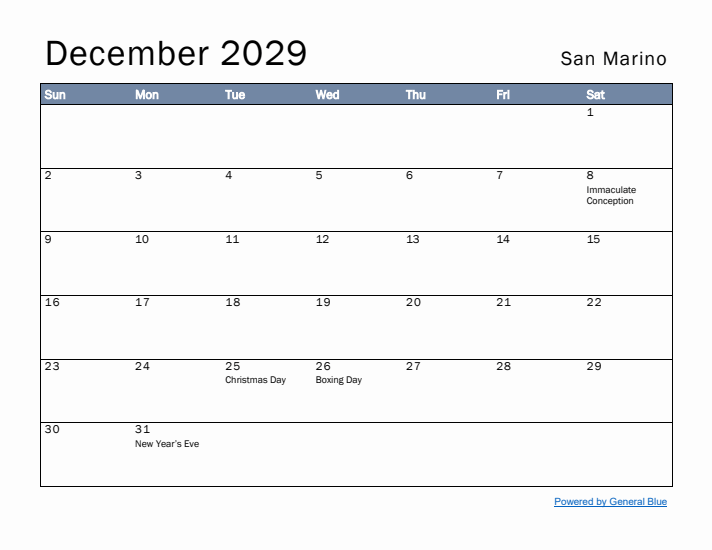 December 2029 Simple Monthly Calendar for San Marino