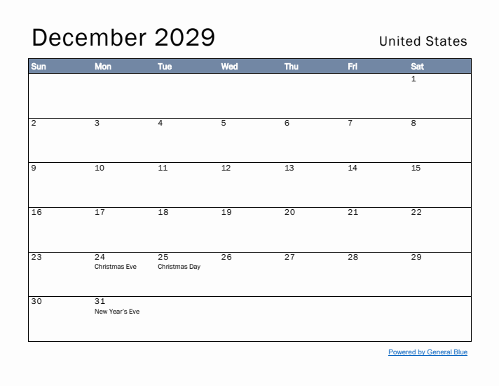 December 2029 Simple Monthly Calendar for United States