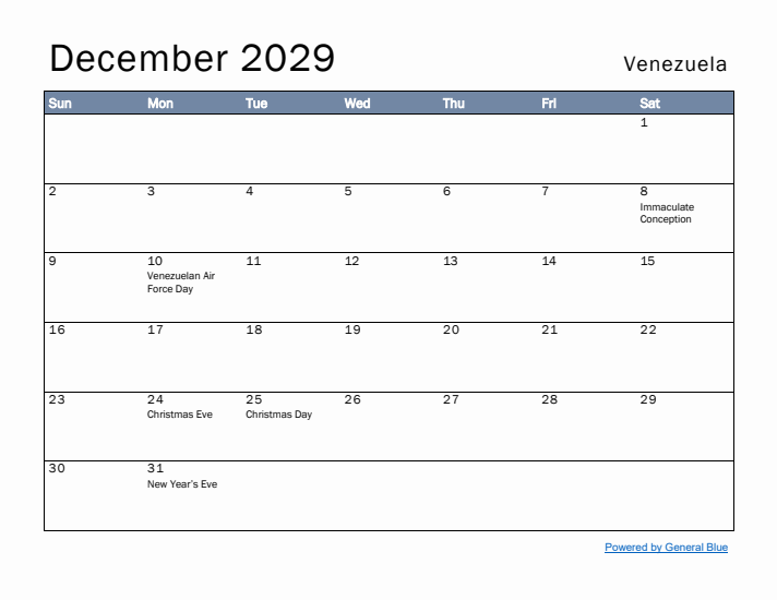 December 2029 Simple Monthly Calendar for Venezuela