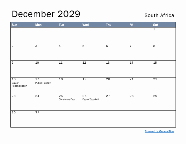 December 2029 Simple Monthly Calendar for South Africa