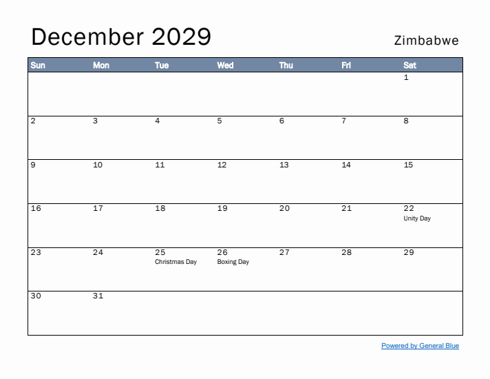 December 2029 Simple Monthly Calendar for Zimbabwe