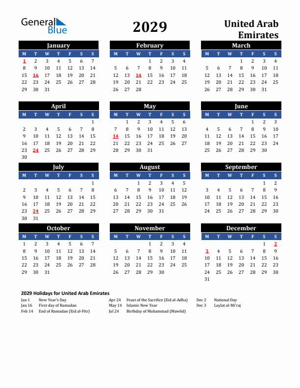 2029 United Arab Emirates Holiday Calendar