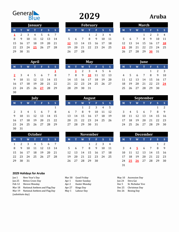 2029 Aruba Holiday Calendar