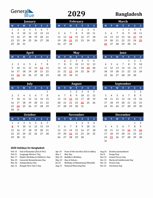 2029 Bangladesh Holiday Calendar