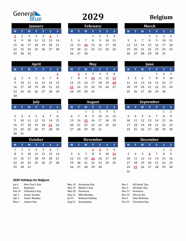 2029 Belgium Holiday Calendar