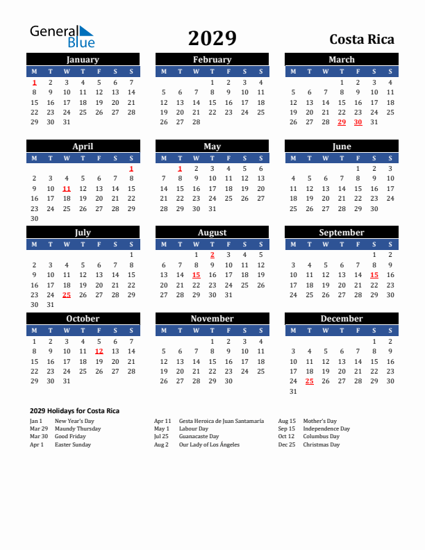 2029 Costa Rica Holiday Calendar