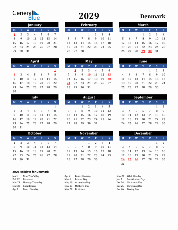 2029 Denmark Holiday Calendar