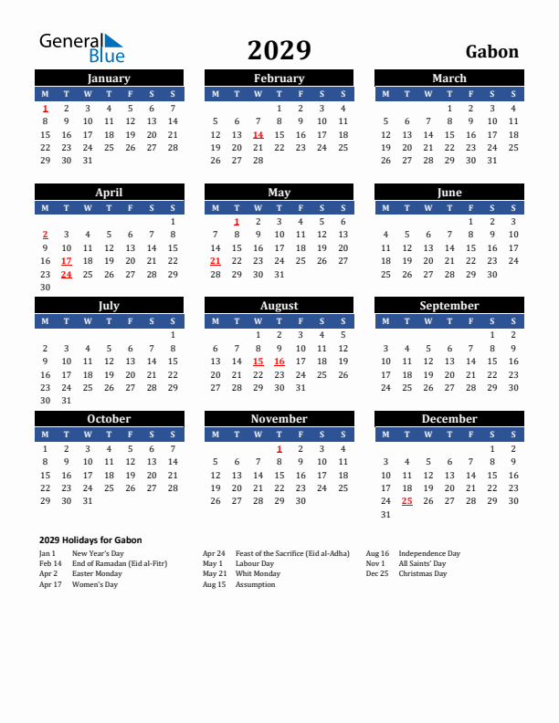 2029 Gabon Holiday Calendar