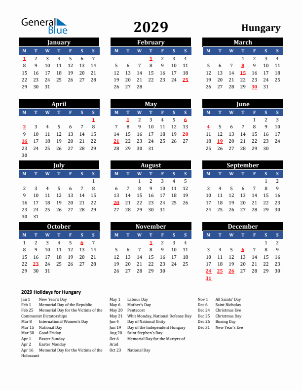 2029 Hungary Holiday Calendar