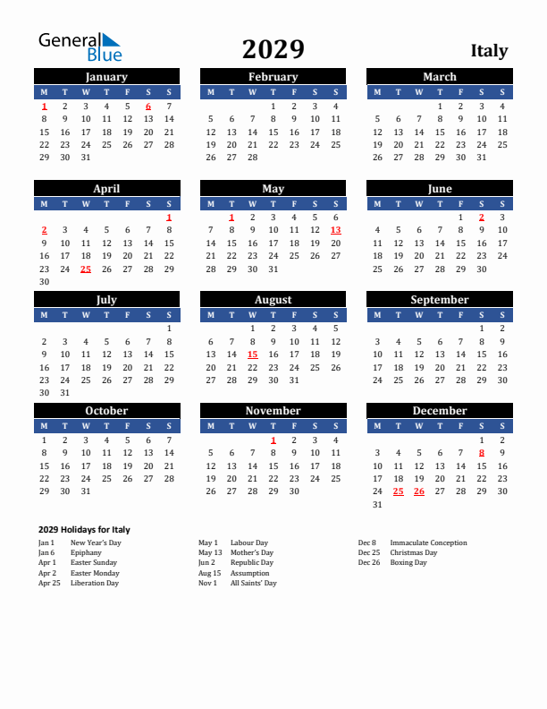 2029 Italy Holiday Calendar