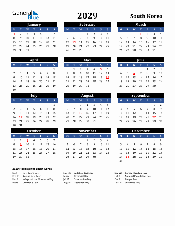 2029 South Korea Holiday Calendar