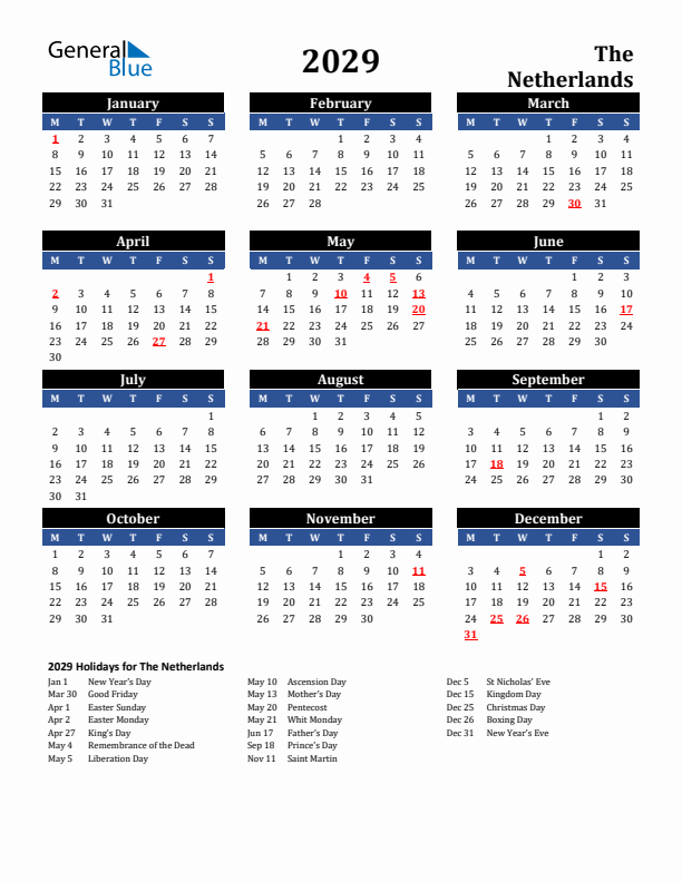 2029 The Netherlands Holiday Calendar