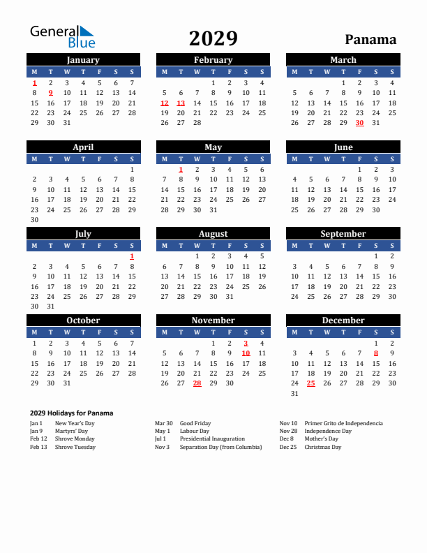 2029 Panama Holiday Calendar