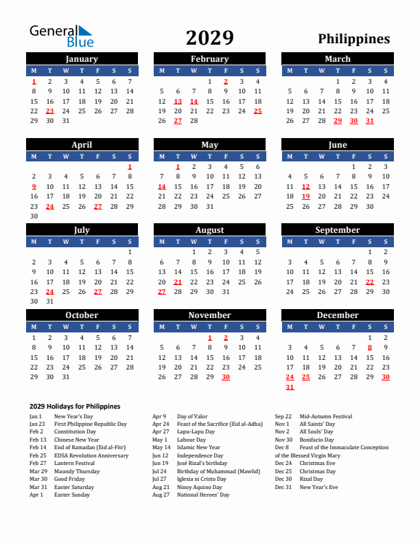 2029 Philippines Holiday Calendar