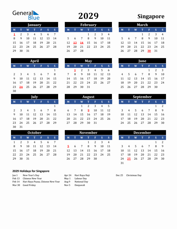 2029 Singapore Holiday Calendar