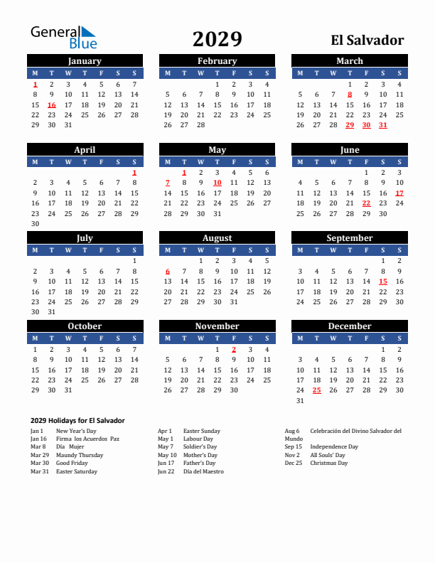 2029 El Salvador Holiday Calendar