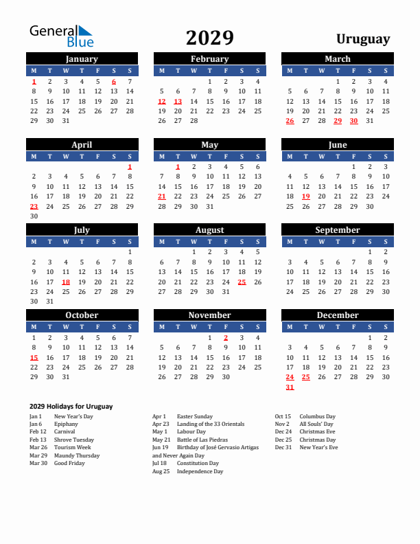 2029 Uruguay Holiday Calendar