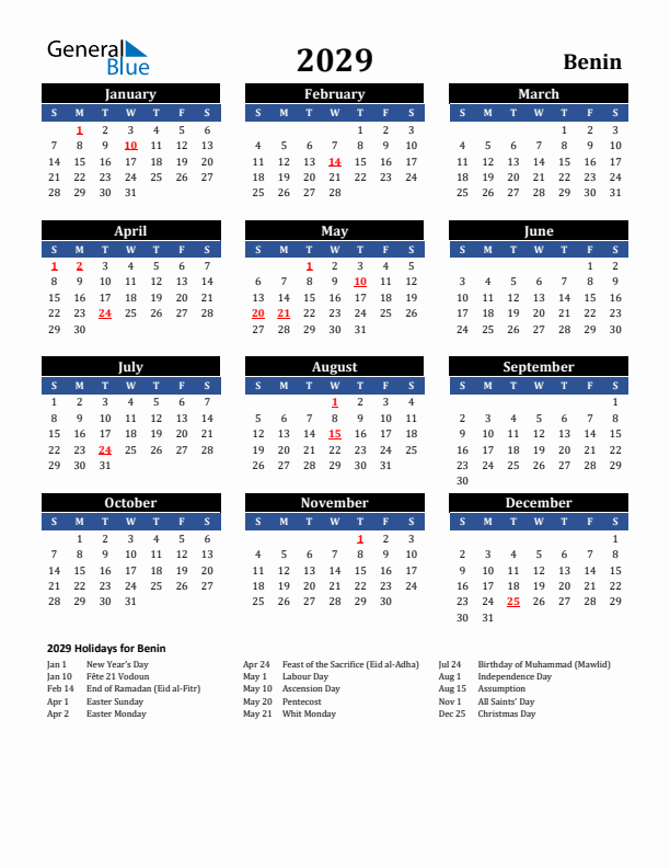 2029 Benin Holiday Calendar