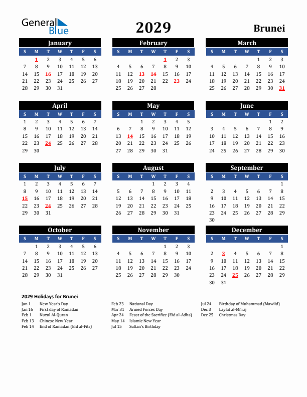 2029 Brunei Holiday Calendar