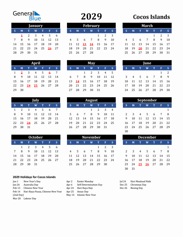 2029 Cocos Islands Holiday Calendar