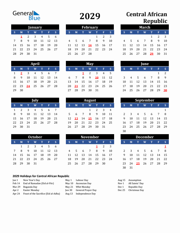 2029 Central African Republic Holiday Calendar