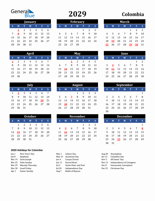 2029 Colombia Holiday Calendar