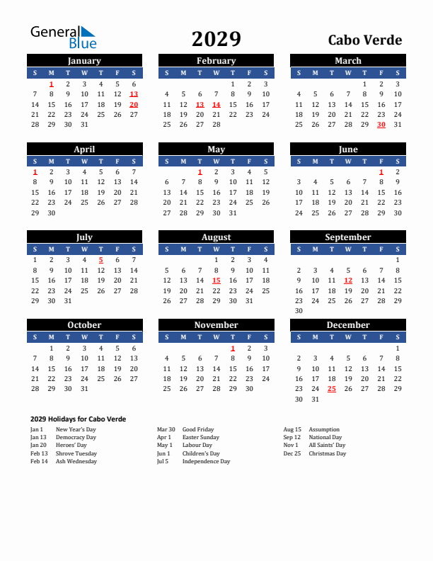 2029 Cabo Verde Holiday Calendar