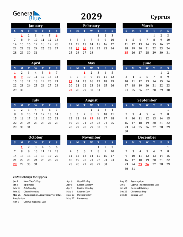 2029 Cyprus Holiday Calendar